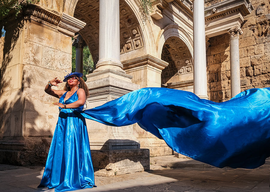 Blue Flying Dress Photo Session in Antalya Old City